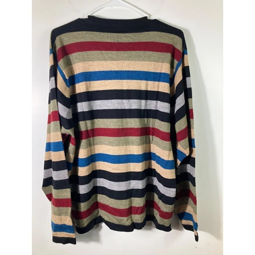 Mens Como Sport Merino Wool Sweater Pullover Stripes‎ Tan Green Black Red L